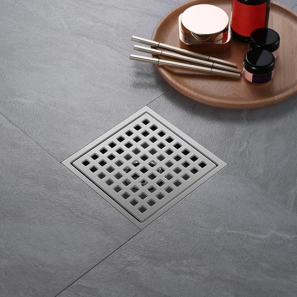 PROOX 6 inch Square Shower Floor Drain with Flange Removeable Grid Panel - 6 in.