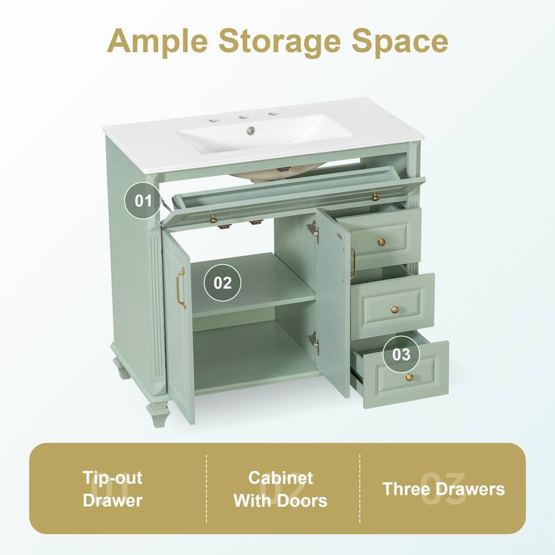 36" Bathroom Vanity with Sink - Solid Wood Cabinet with Flip Drawer, 3 Drawers & 2 Doors, Gold Handles, Modern Vanity