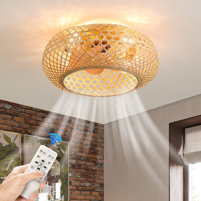 20" Rustic Style Bamboo Woven Ceiling Fan with Lights (Note:No warranty on bulbs) - Yellow