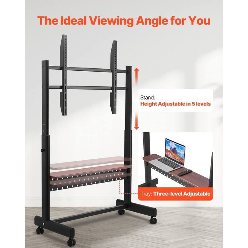 Mobile TV Cart for 55-100 Inch Displays, Height Adjustable, Swivel Wheels - 39.17 x 18.23 x (62.24 - 54.29) in