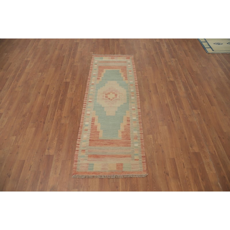 Hand Woven Oriental 100% Wool Carpet Southwestern Tribal Navy Blue & Blues Kilim Runner Rug - 5' 10'' X 2' 1''