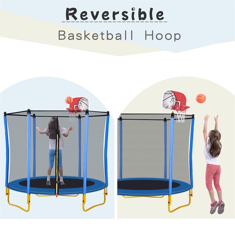 Outdoor & Indoor Toddler Trampoline w/Enclosure,Basketball Hoop&Ball