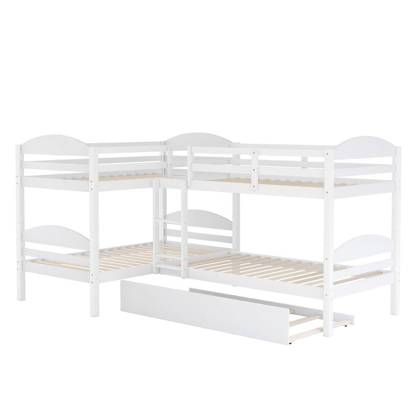 L-shaped Bunk Bed with Trundle for 5, Twin Over Twin Wooden Bed with Safety Guardrails, Space-Saving Design for Kids and Guests