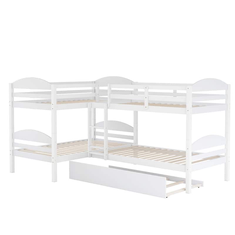 Twin Solid Pine L-Shaped Bunk Bed with Trundle