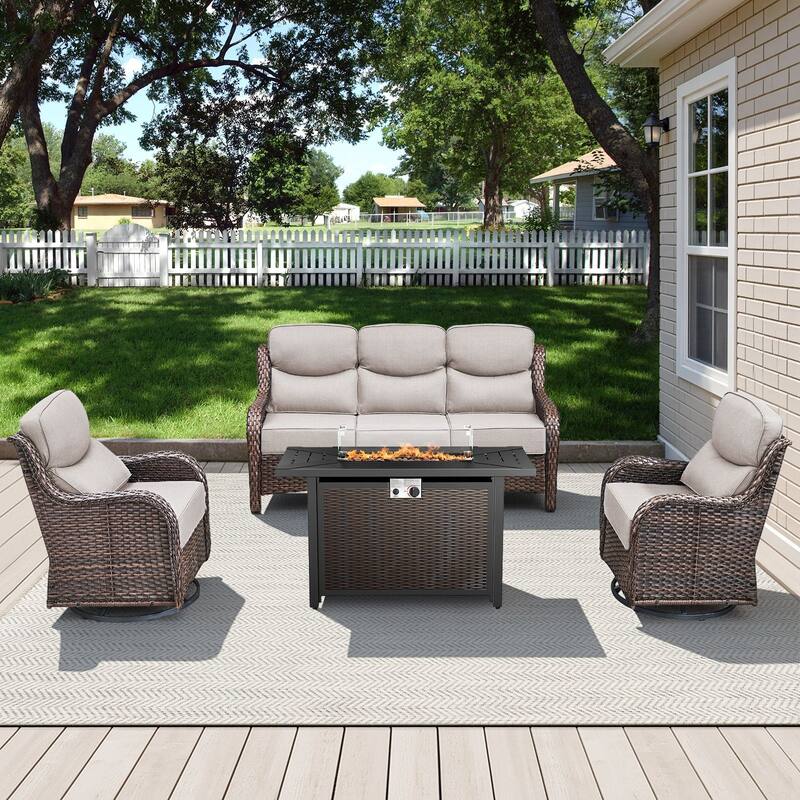 Arcadia 4-Piece PE Wicker Patio Seating Set with Durable All-Iron Fire Pit and 6-Inch Cushions