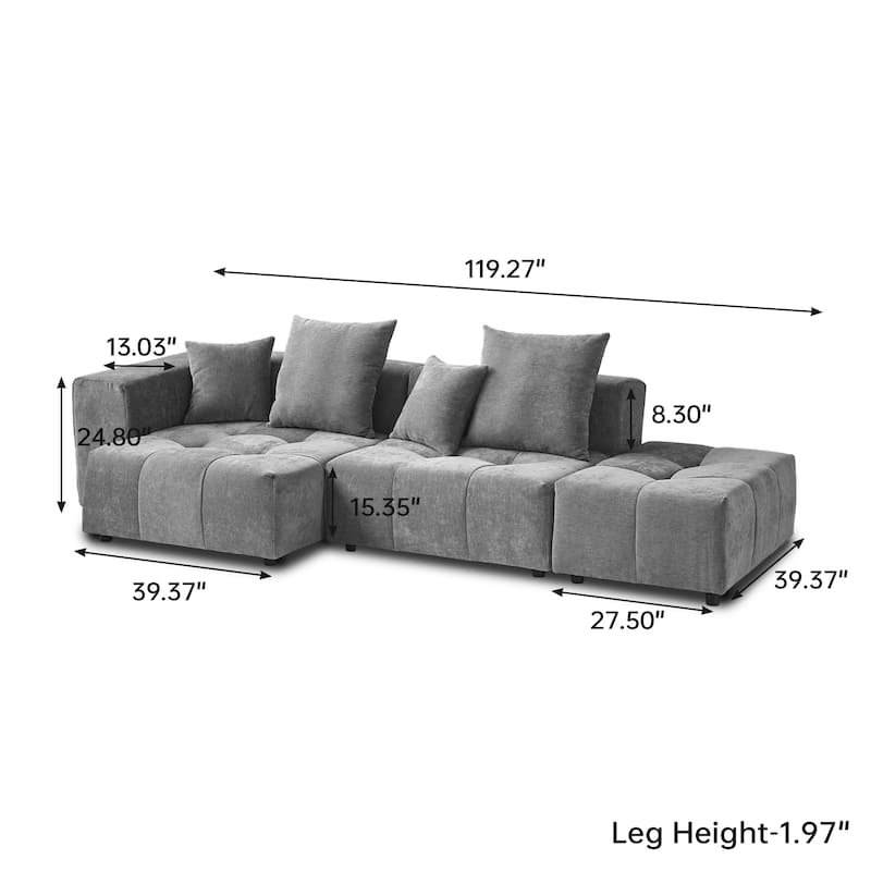 119.27" Linen Modular Sofa Chaise Sectional Sofa with Pillows, Ottoman