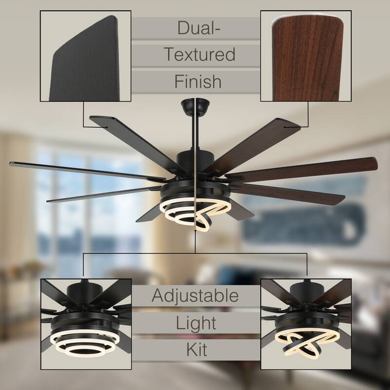 CurveCurio 72" Modern Large Ceiling Fan w LED Light, 8 Wood Blades and Quiet DC Reversiable Motor w 6 Speeds, Remote Control