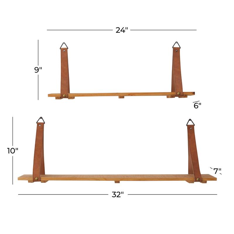 CosmoLiving by Cosmopolitan Brown Wood 2 Shelves Wall Shelf with Faux Leather Straps (Set of 2)