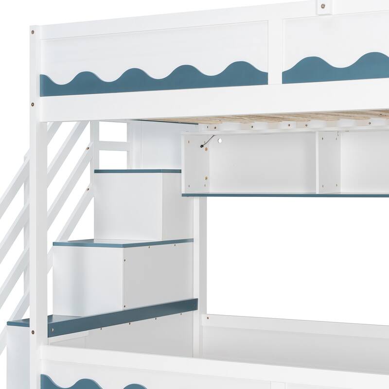 Twin Over Twin Bunk Bed with Stairs, LED Lights, Storage Drawers, House Shaped Wood Loft Bed with Guardrail