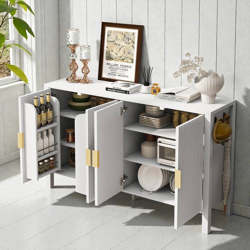 57.5" Modern Stripe Door Storage Cabinet with 4 Doors, Adjustable Shelves, Back-of-Door Racks & Side Hooks