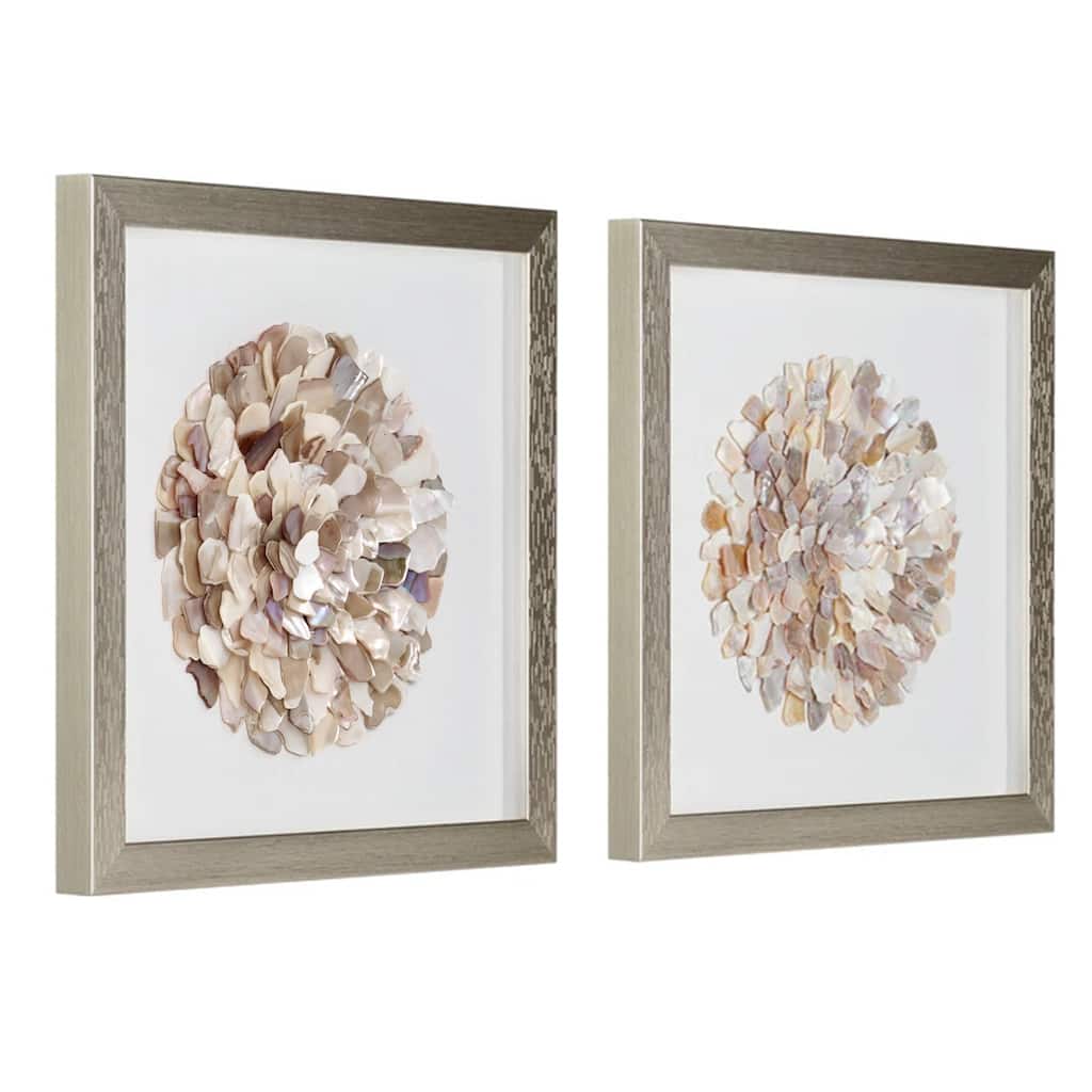 American Art Decor Neutral Seashell Mosaic 3D Textured Wall Art with Champagne Frame, 2 Piece Set for Coastal Beach Theme Decor