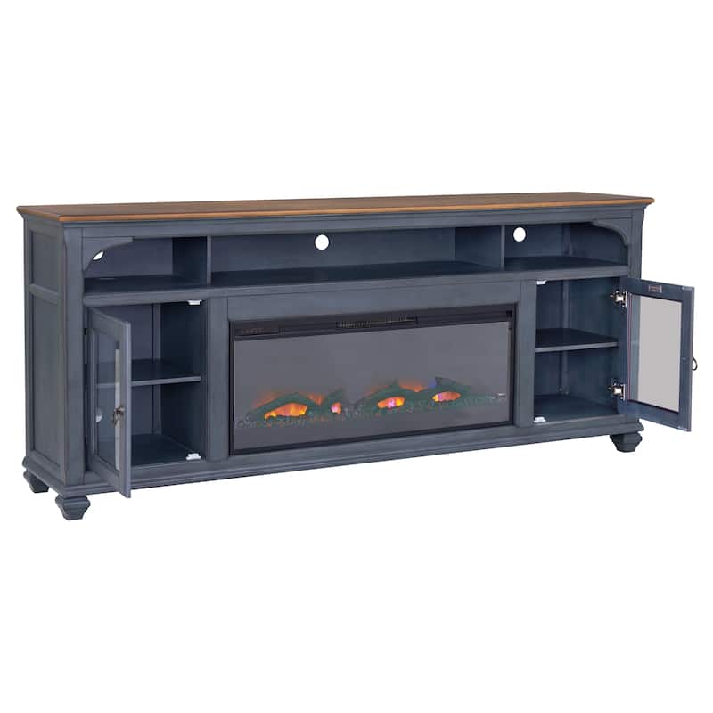 Bridgevine Home Americana 86 in Fireplace TV Stand for TVs up to 95 inches, Corduroy Blue Finish
