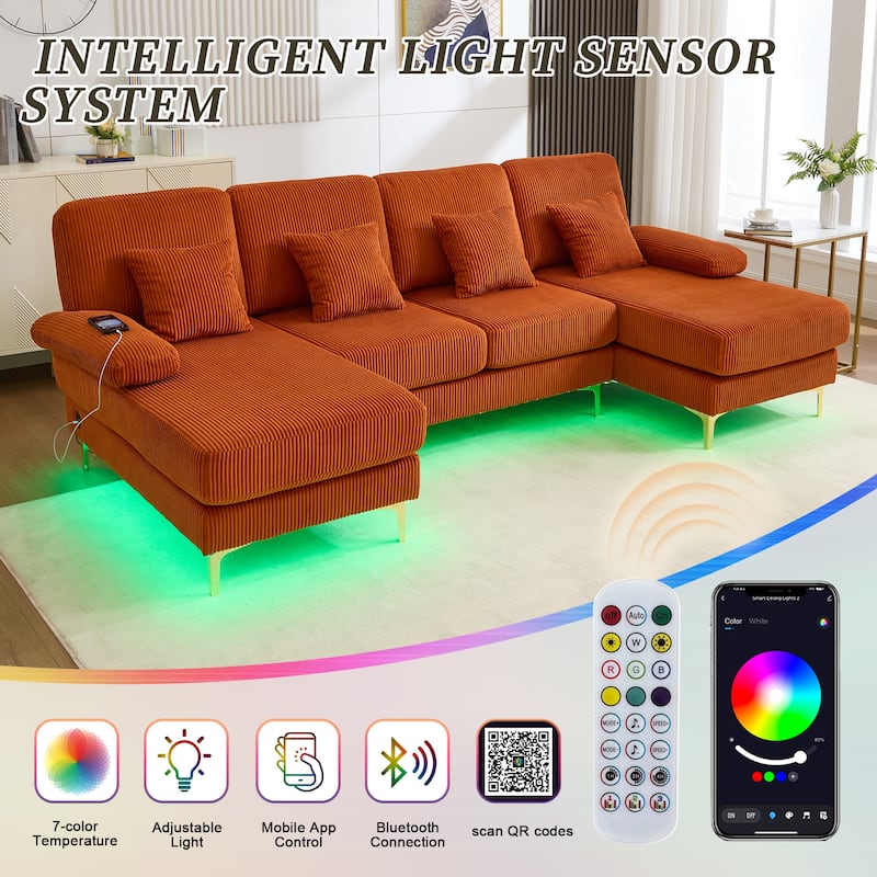 HOMEFUN Corduroy Upholstered U-shaped Adjustable Light Modular Sectional Sofa With Type-C and USB ports