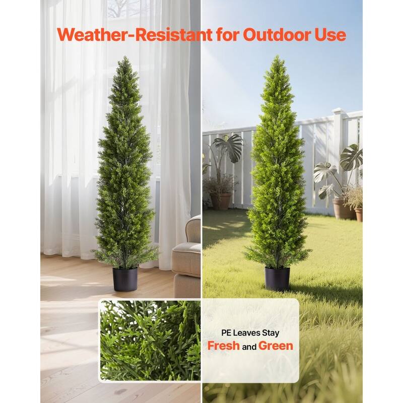 Set of 2 Artificial Topiary Cedar Trees Faux Greenery with Iron & PE Trunks, Weather-Resistant Decorative Plants