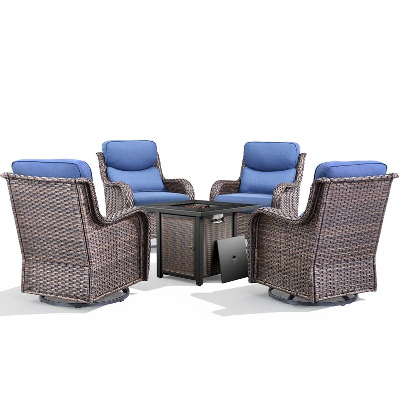 Meyreso 5-Piece Outdoor Patio Wicker Fire Pit 4 person Conversation Set with 5-Inch Thick Cushions