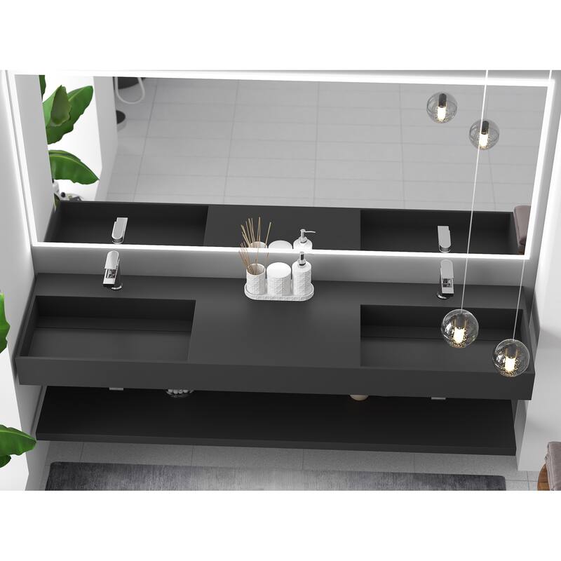 Juniper Stone Solid Surface Wall-mounted Vessel Sink - 72" - Black