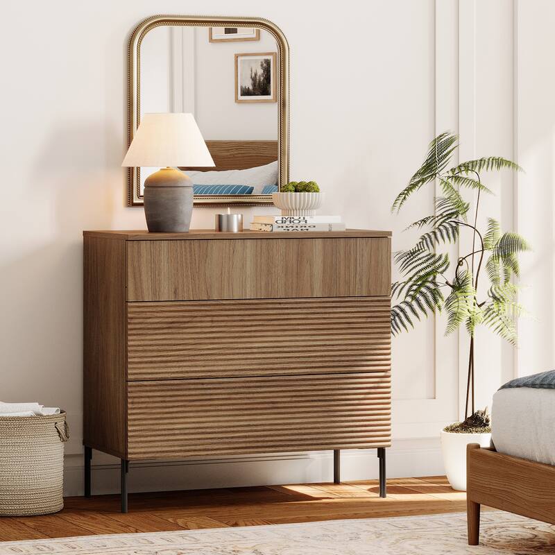 Modern Minimalist Wood Nightstand With 3 Drawers ,31.5" End Table,Reeded Design Bedside Table
