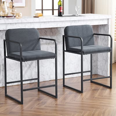 Set of 2 Dark Grey Fabric Dining Chair with Armrests and Metal Frame for Kitchen Island or Dining Room