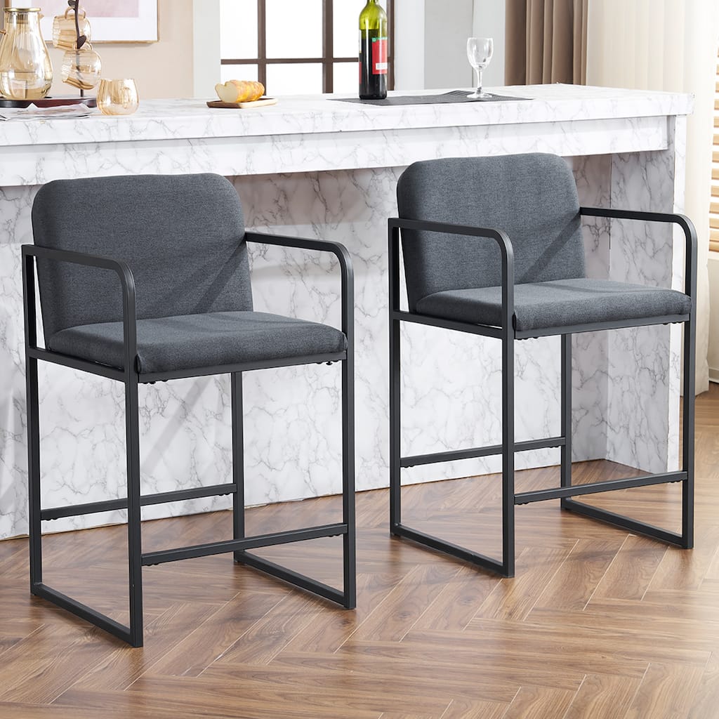 Set of 2 Dark Grey Fabric Dining Chair with Armrests and Metal Frame for Kitchen Island or Dining Room