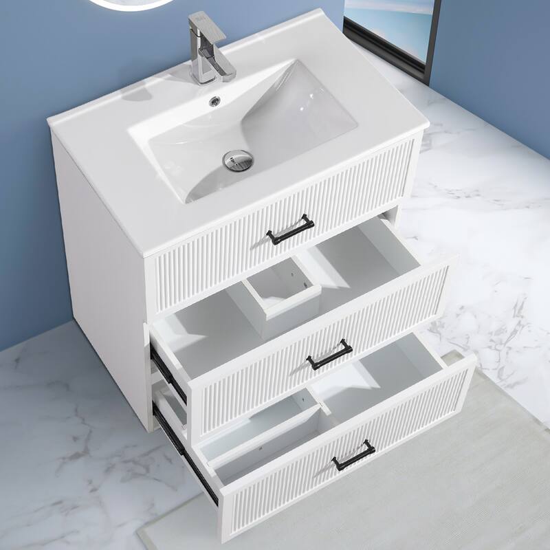 30" Freestanding Bathroom Vanity with Ceramic Sink and 2 Storage Drawers, Stylish Gray Floor Cabinet