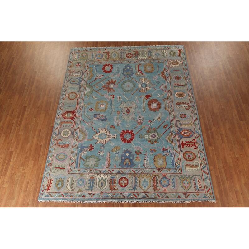 Light Blue Oushak Style Area Rug Handmade Wool Carpet - 9'0" x 11'9"