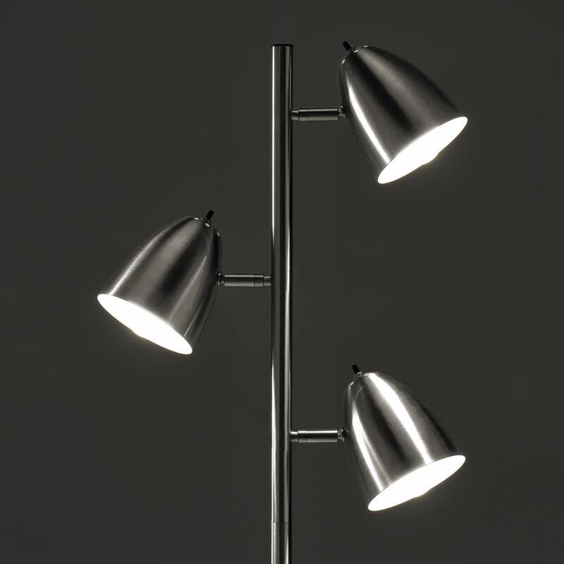 Brightech Jacob 64 in. Brushed Nickel Mid-Century Modern 3-Light Adjustable LED Floor Lamp with 3 Nickel Metal Cone Shades