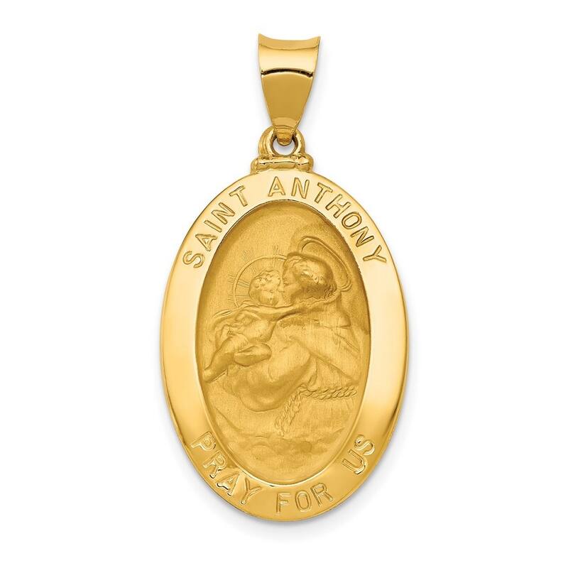 Curata 14k Yellow Gold 18" Oval Hollow Polished and Satin St. Anthony Medal Pendant Necklace