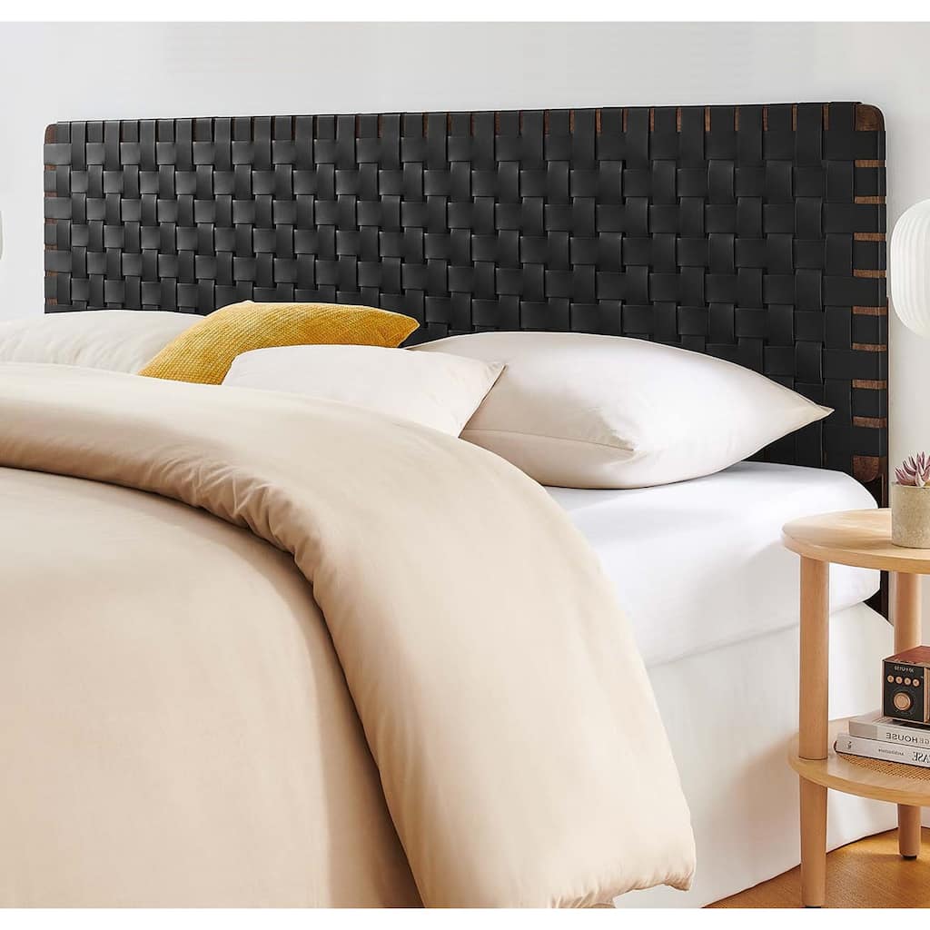 Ditmas Solid Wooden Black Leather Basket Weaved King Size Headboard
