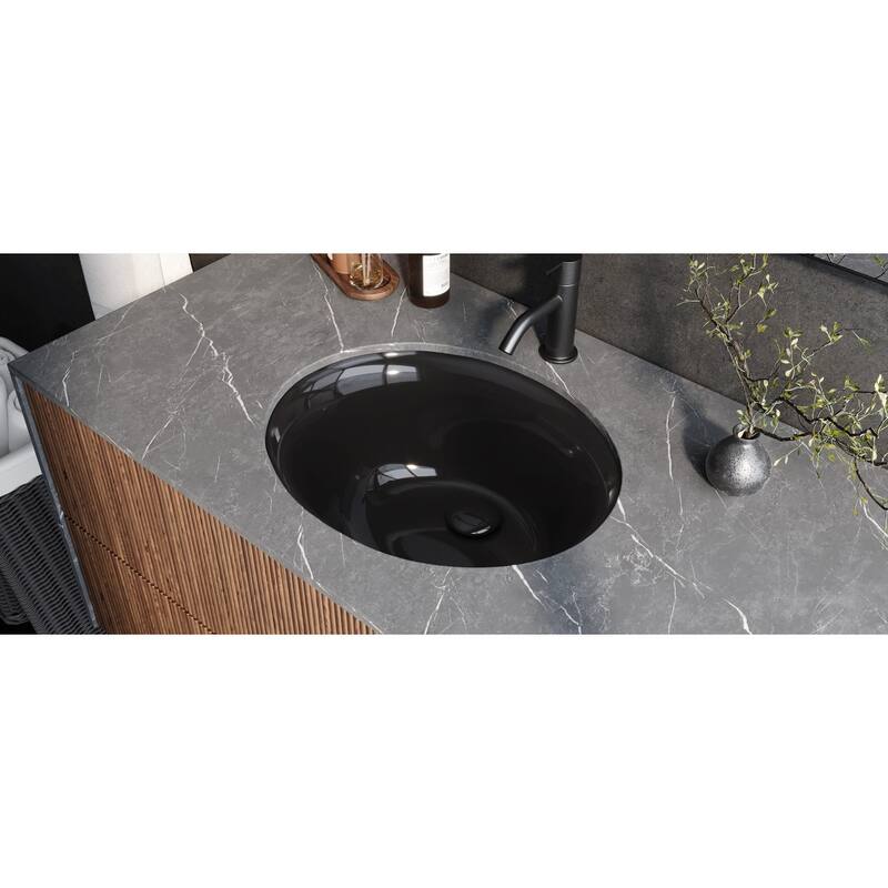 Ruvati 16 x 13 inch Undermount Bathroom Sink Black Oval Porcelain Ceramic with Overflow - RVB0618BK