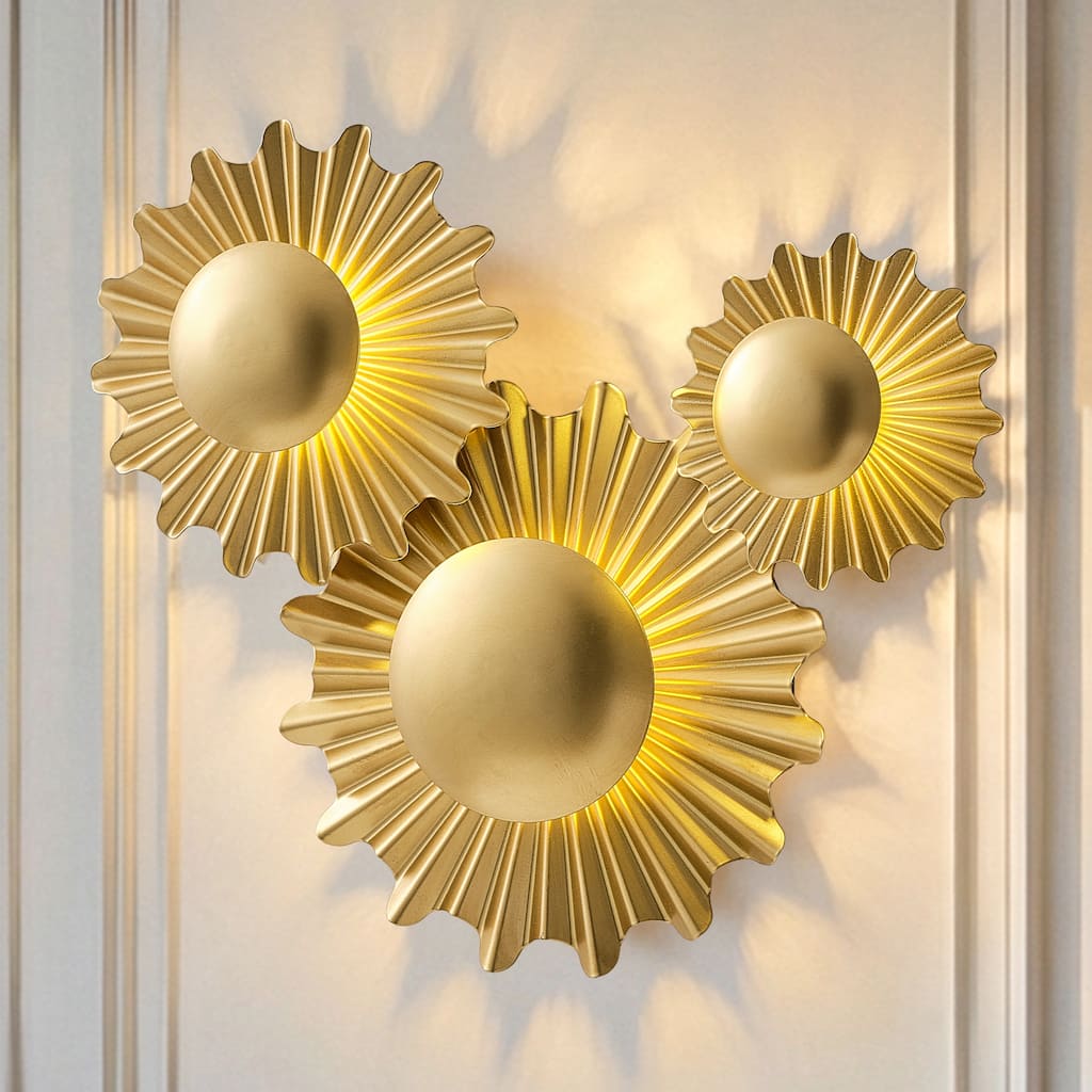 17" Art Deco Gold 3-Light LED Sunbeam Flush Mount Wall Light Sconce