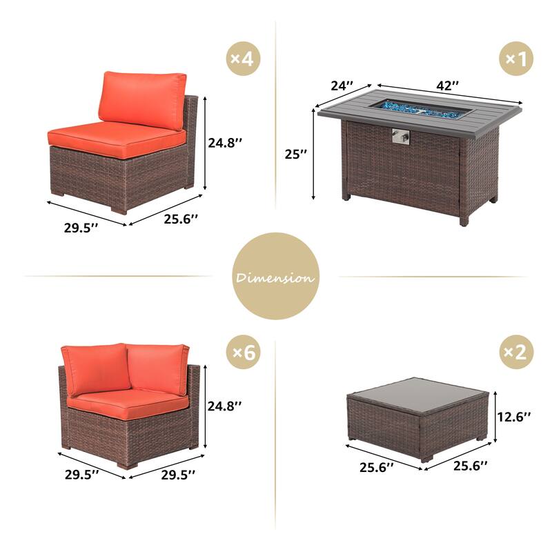 13 Piece Wicker Set Patio Sofa Furniture with Fire Pit And Table