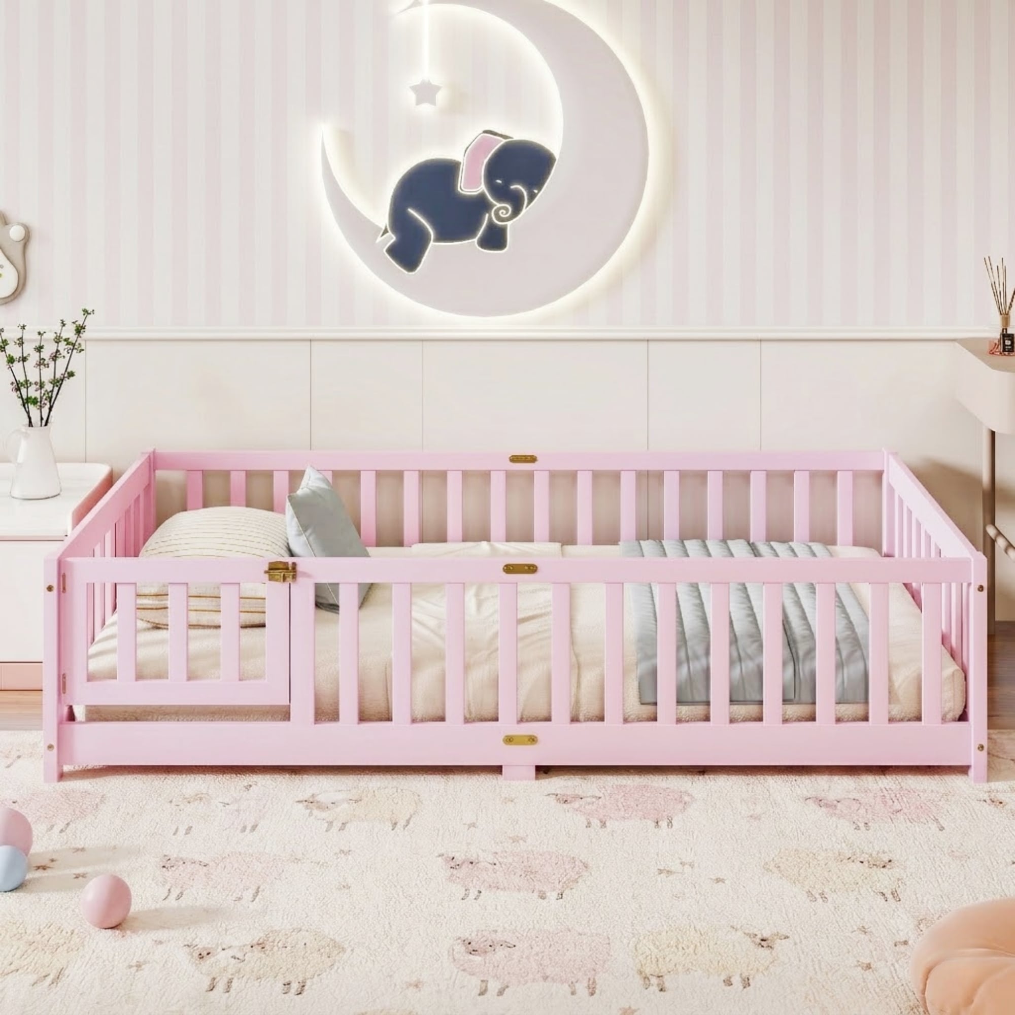 Twin Size Floor Bed With Fence And Door,Rubber Wood Floor Bed With Safety Guardrails,Pink