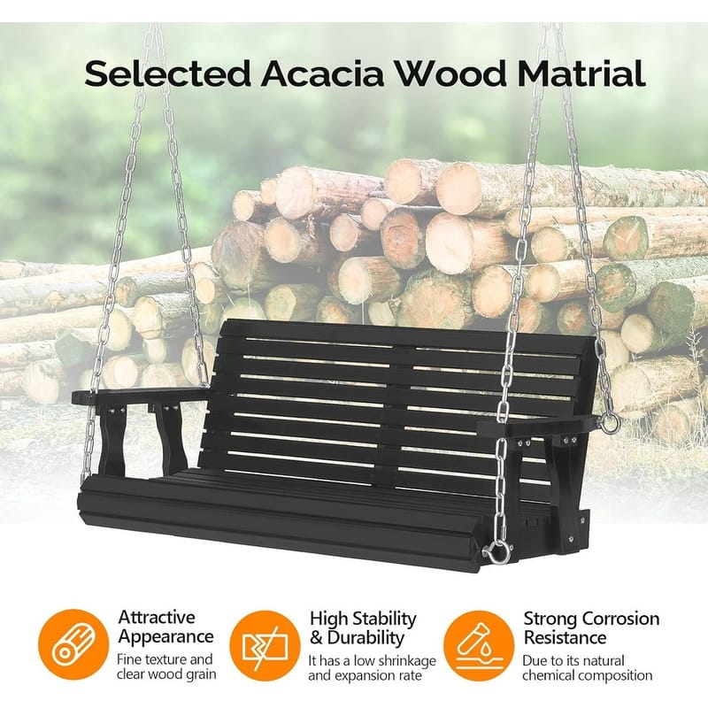 4ft Upgraded Outdoor Acacia Porch Swing, Heavy Duty 880 LBS Wooden Hanging Chair with Adjustable Chains for Yard - N/A
