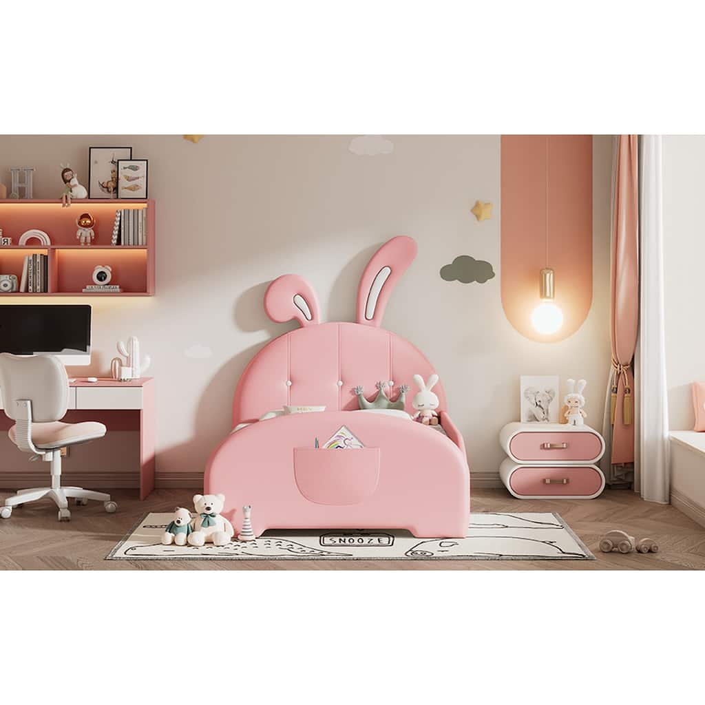 Twin size Upholstered Bed with Rabbit-Shape Headboard and Footboard