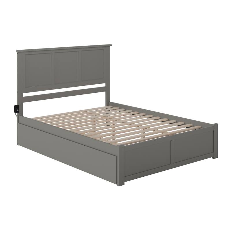 Asian Platform Bed with Trundle - Twin XL Grey, Panel Headboard & Footboard - Modern Bedroom Furniture