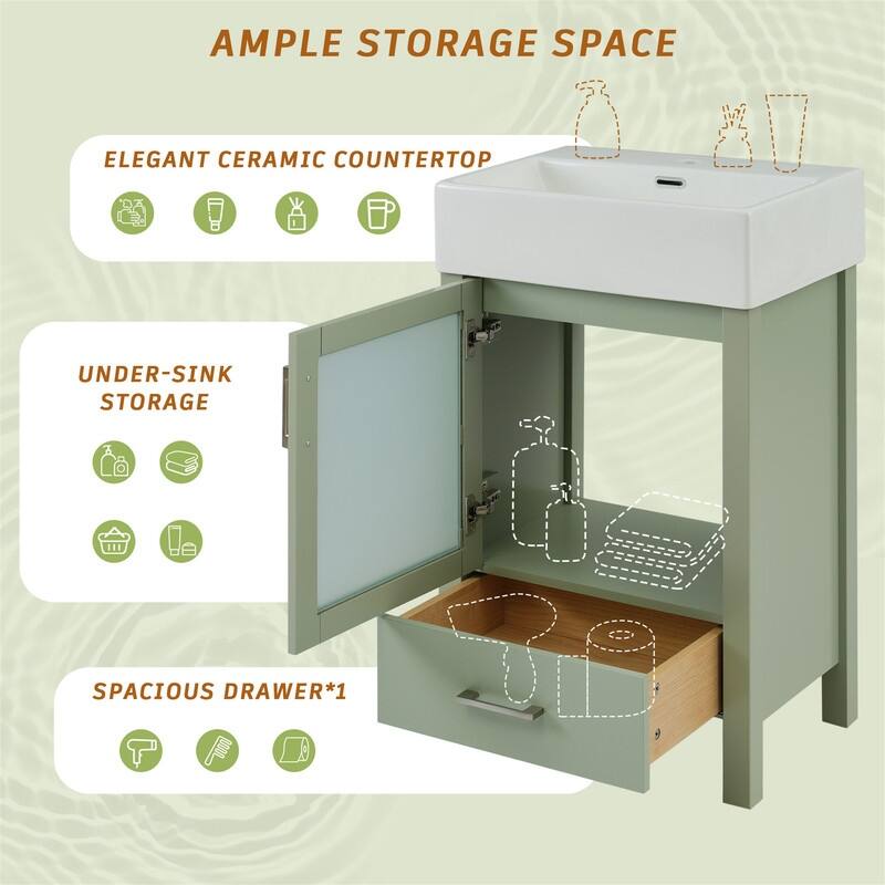 20'' Bathroom Vanity with Ceramic Sink Top, Modern Bathroom Storage Cabinet with 1 Drawer and 1 Soft Close Door