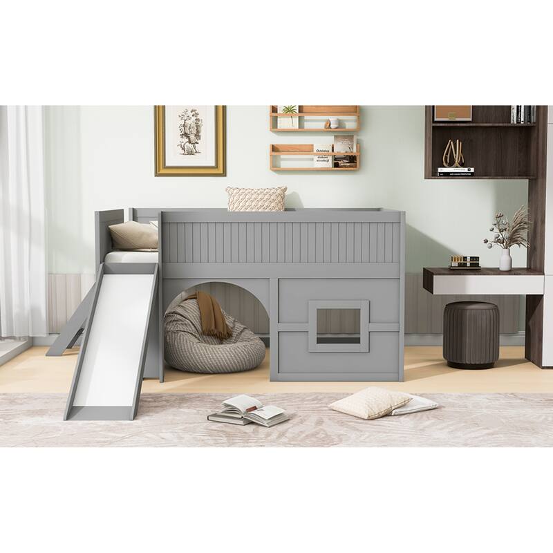 Roomfitters Full Low Loft Bed with Slide, Storage Shelves and Window Design