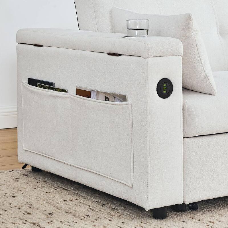 54" Multi-functional Chenille Sofa Bed with Cup Holder and USB Port for Living Room