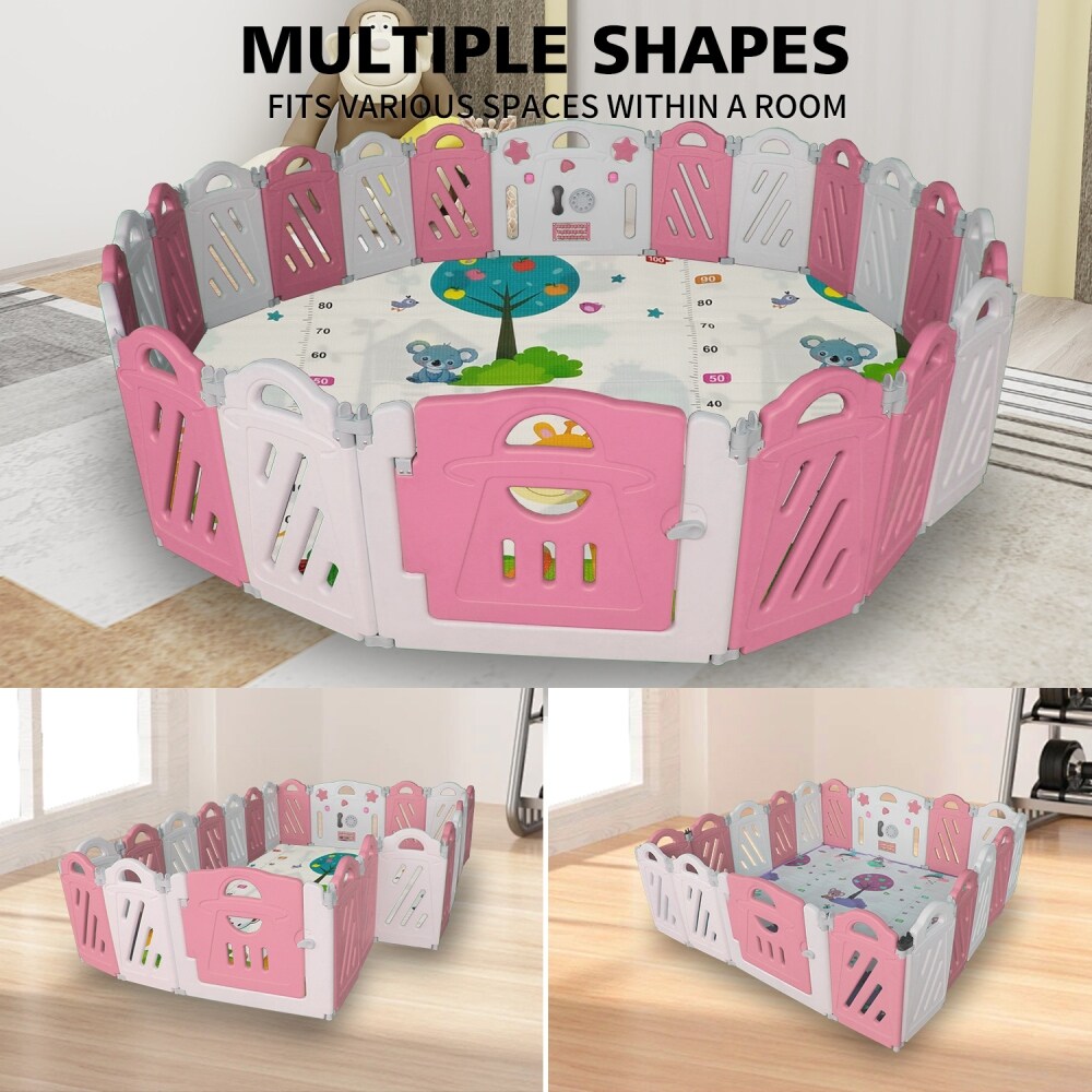 22-Panel Pink and White Foldable Baby Playpen with Safety Lock