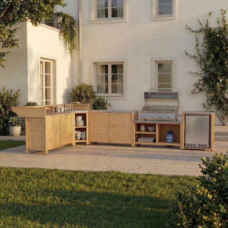Modular Outdoor Kitchen Island Set, 100% Solid Wood BBQ Cabinet , Patio Kitchen Bar Table