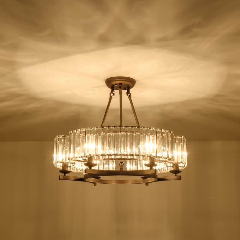 6-Light Mid-Century Modern Aged Bronze Drum Wagon Wheel Chandelier with Crystal Shade - 24.8 in. W x 20.47 in. H