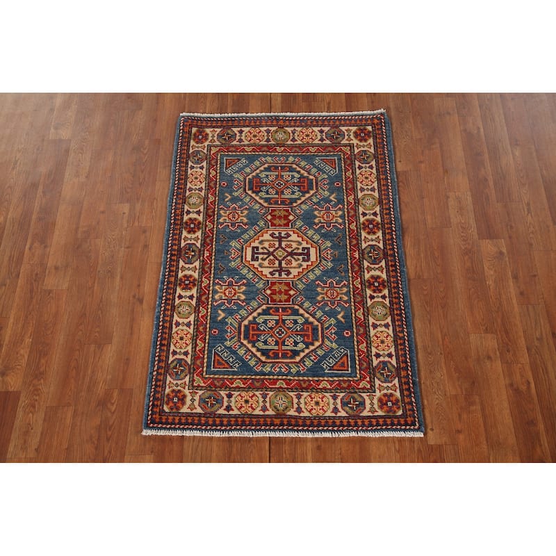 Blue Kazak Oriental Accent Rug Hand-Knotted Geometric Wool Carpet - 2'8"x 4'1"