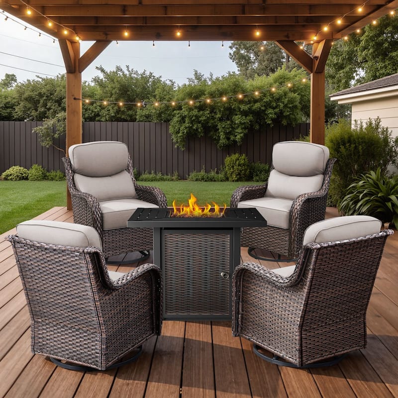 Arcadia 5-Piece Wicker Patio Set with 4 Swivel Glider Chairs and Square All-Iron Fire Pit