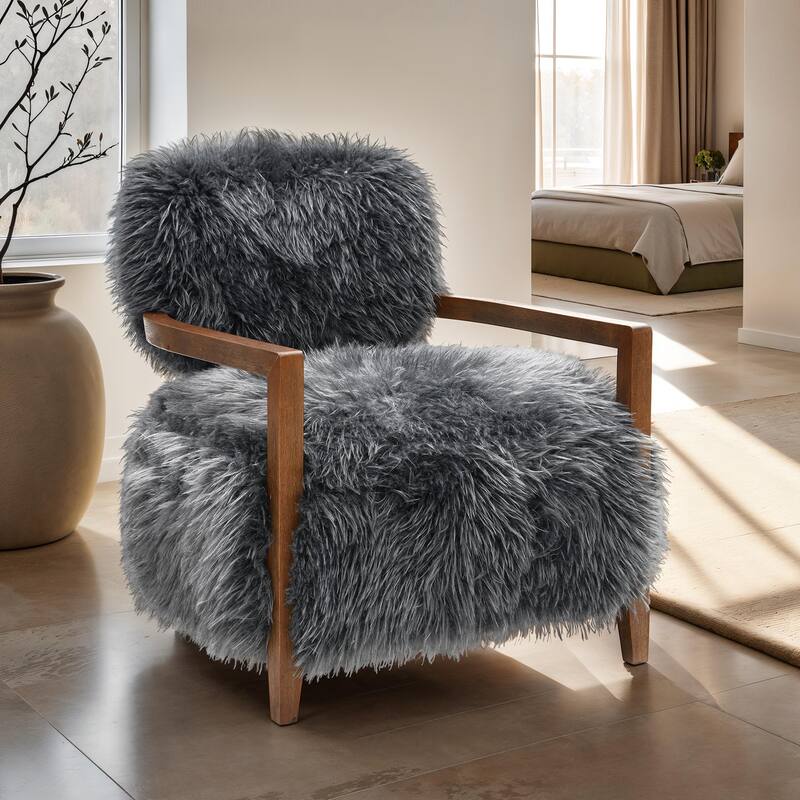 1pc Accent Chair Raked Wooden Arms Tight Back And Seat Soft Faux Fur Contemporary Living Room Furniture