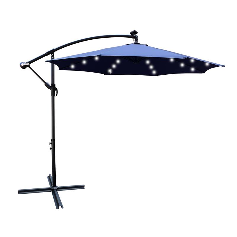 10 ft Solar Powered LED Patio Umbrella with Crank and Cross Base for Outdoor Use