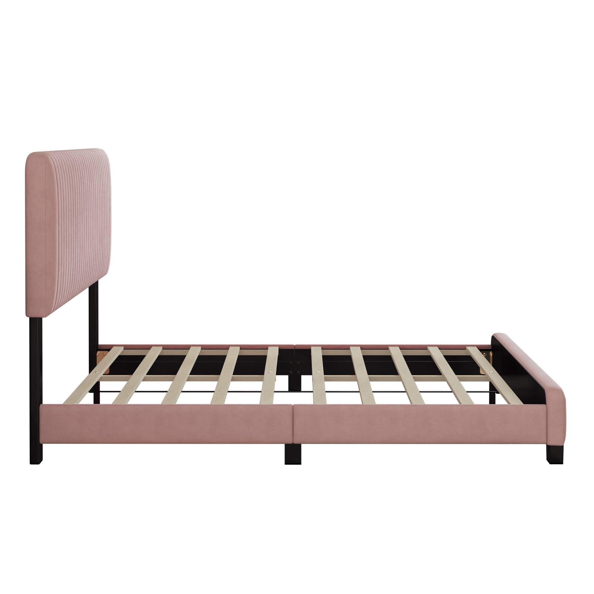 Pink Elegant Velvet Upholstered Platform Bed: Sturdy Wood Frame, Easy ...
