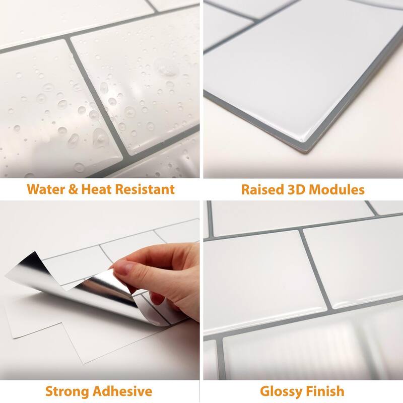 Walplus Classic White Glossy 3D Tile Sticker Peel and Stick Kitchen Backsplash