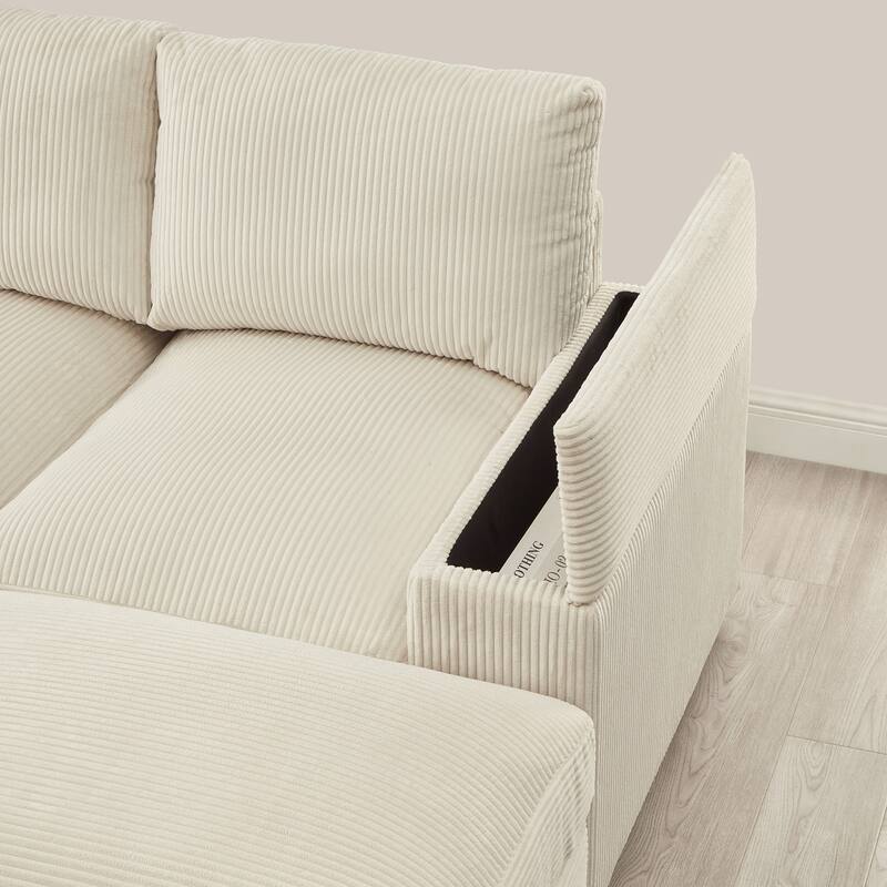 U-shaped corduroy sofa with removable footstool and storage armrests