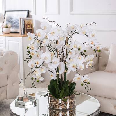 9 Stems 29.13" Real Touch Artificial Silk Orchids in Glass Pot for Home Office Decoration - 29.13" H x 26.38" W x 17.32" D