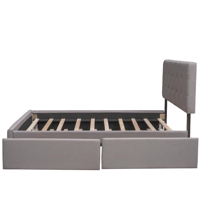 Roomfitters Queen Upholstered Platform Bed with Pull-Out Trundle, Modern Tufted Headboard